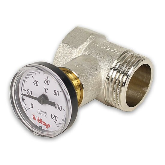 Heizungs- Thermometeranschluss mit Thermometer 1“ IG – 1“ AG, 0°C – 120°C