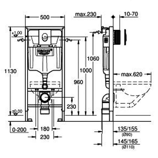 Grohe Rapid SL, WC Vorwandelement 113cm inkl. Betätigungsplatte, Set 3 in 1, 38722001