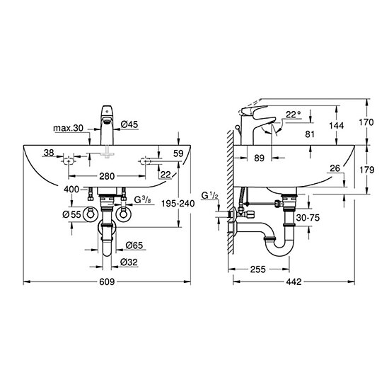 Grohe Bau Keramik Waschtisch 60cm + BauFlow Waschtischarmatur, alpinweiß