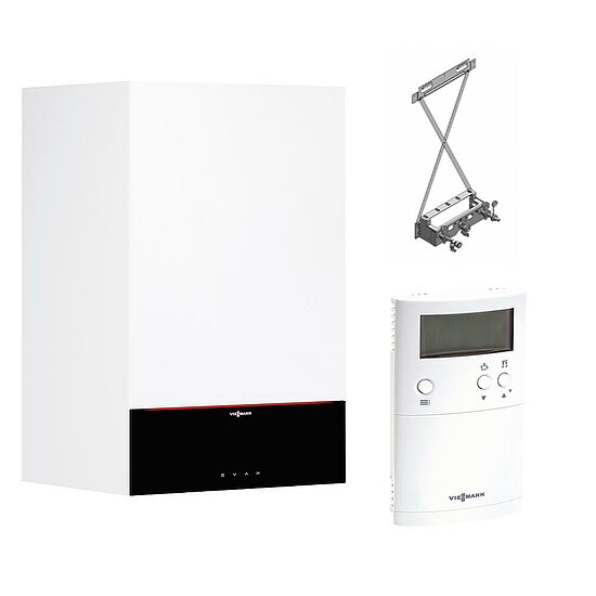 Gastherme Paket Vitodens 200-W, 32 kW, Kombitherme Aufputz, 7 Zoll Display, Vitotrol 100 UTDB, Viessmann