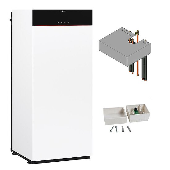 Gastherme Paket Vitodens 222-F, 25 kW, Ladespeicher, Aufbau-Kit, 3,7 Zoll Display, Viessmann