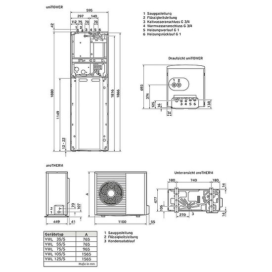 VAILLANT aroTHERM Split mit uniTOWER VWL 55/5 AS S2 mit VWL 58/5 IS