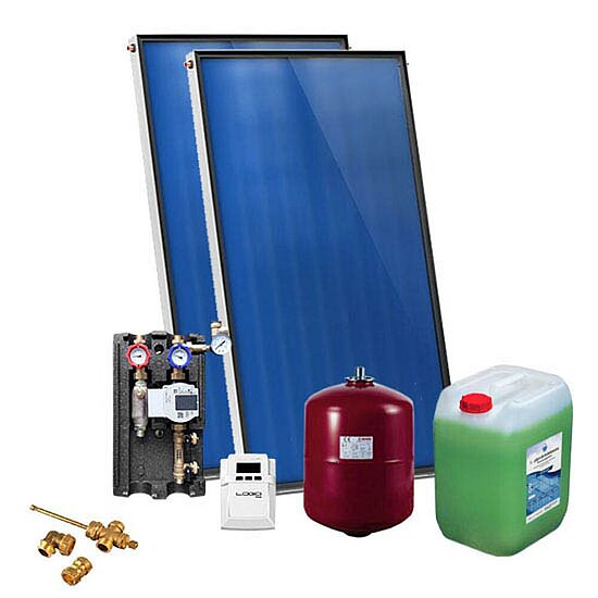 Solarpaket für Brauchwasser mit 2x 2m² Flachkollektoren, 4,00m², Aufdachmontage, ohne Speicher, mit silbernem Rahmen
