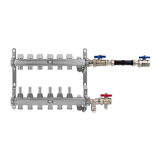 Anschlussgarnitur 3/4“ waagrecht mit Wärmemengenzähler-Einbausatz und 2 Kugelhähnen