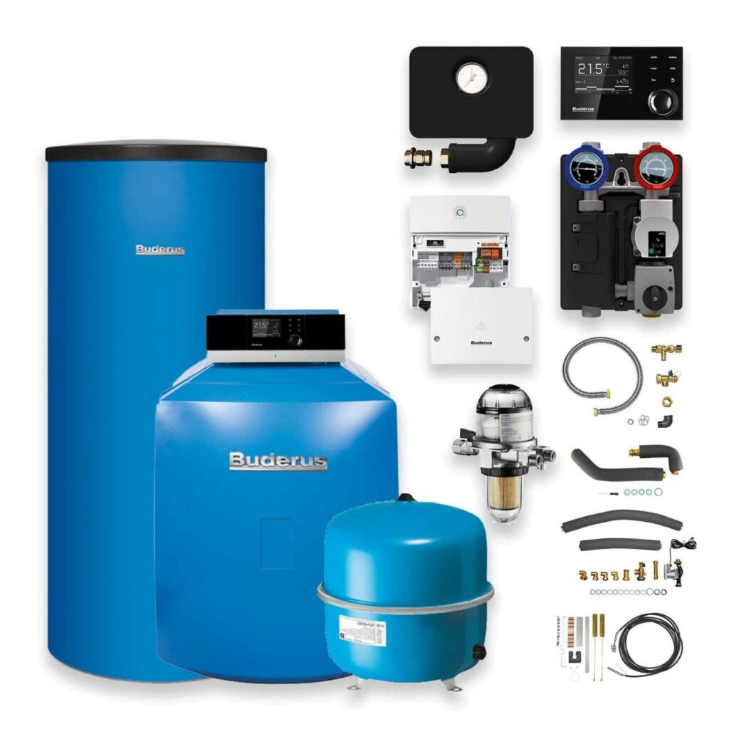 Buderus Logaplus GB125 Öl-Brennwert 18 kW Heizungspaket K32/2 mit Regelung RC310 Warmwasserspeicher SU160/5 160 l mit Mischer